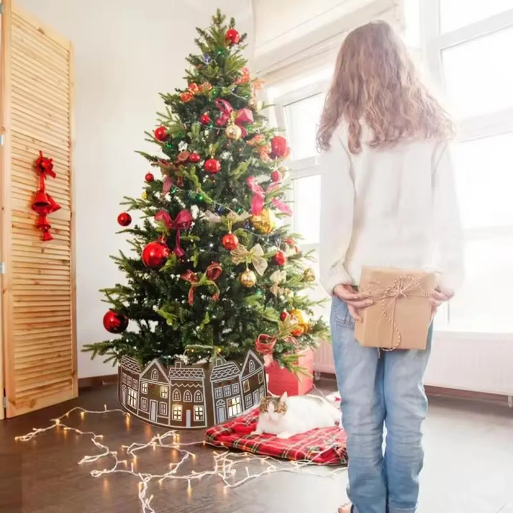 

LED Christmas Tree Collar with Light PVC Christmas Tree Skirt Gingerbread House Reusable Xmas Tree Base Cover Market