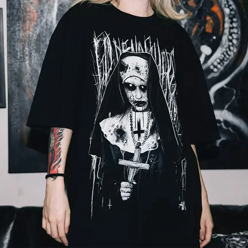 

American Y2k Vintage Printed Short-sleeved T-shirt 2024 Summer New Gothic Subculture Women's T-shirt Oversized Black Casual Tops