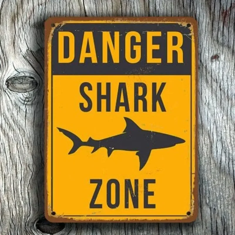 Vintage Danger Shark Zone Graphic Metal Tin Sign Beach Seaside Wall Decor Art