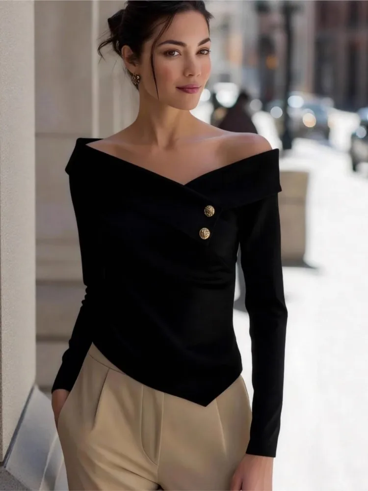 Female Elegant Foreign Style One-line Collar Top Fashion Button Design Spring Summer Temperament Versatile Shirt Ladies Blouses