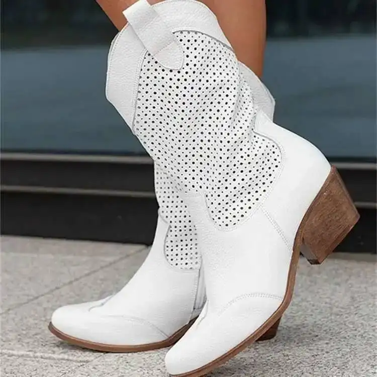 

White Western Cowboy Boot Low Heels Women's Mid-Calf Cowgirl Boots Casual Shoes