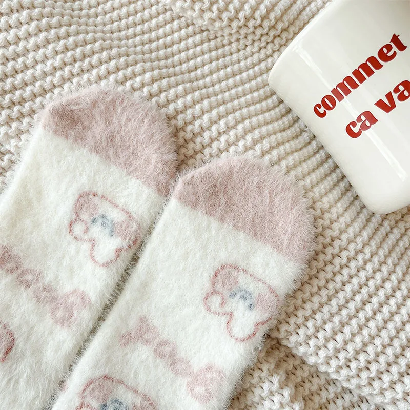 Sweet Pink Rabbits Bowknot Imitation Mink Socks Winter Plush Warm Home Sleeping Socks Ins Japanese Cartoon Cute Furry Tube Socks
