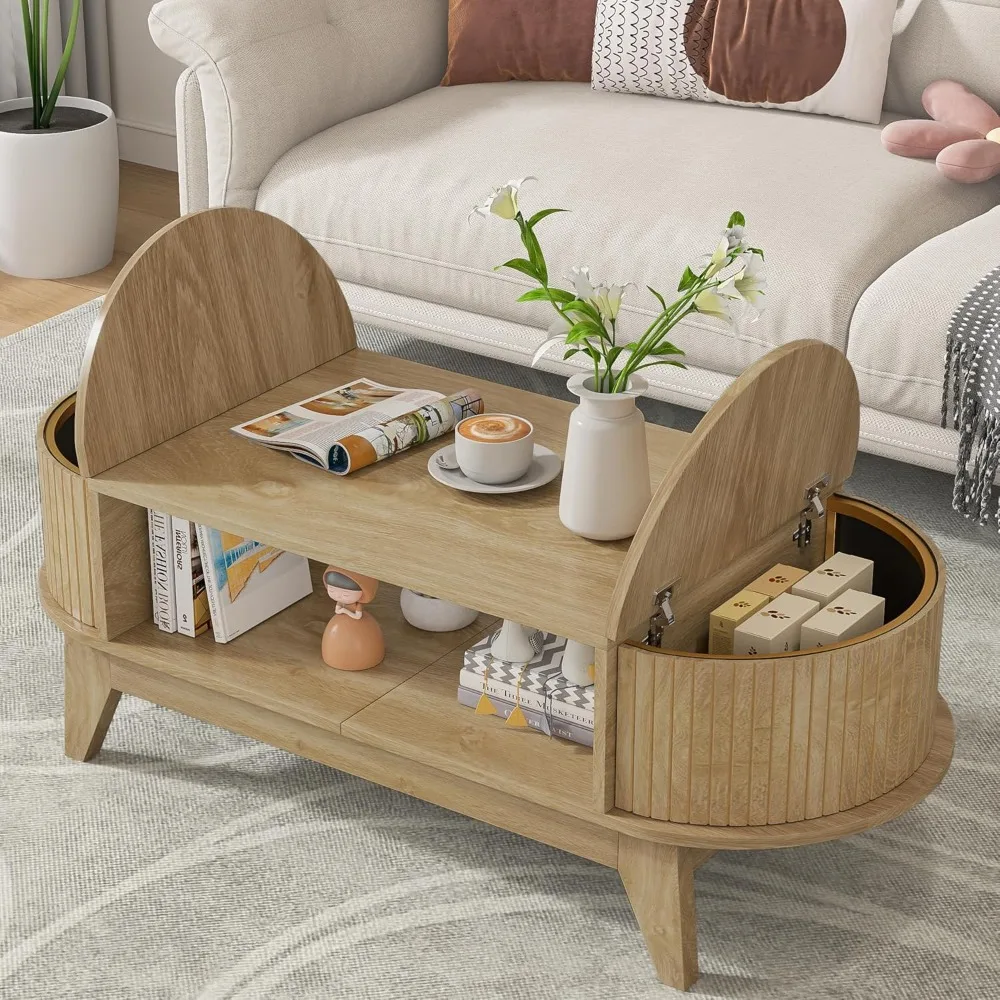 Mid-Century Oval Wood Coffee Table with Dual Concealed Storage