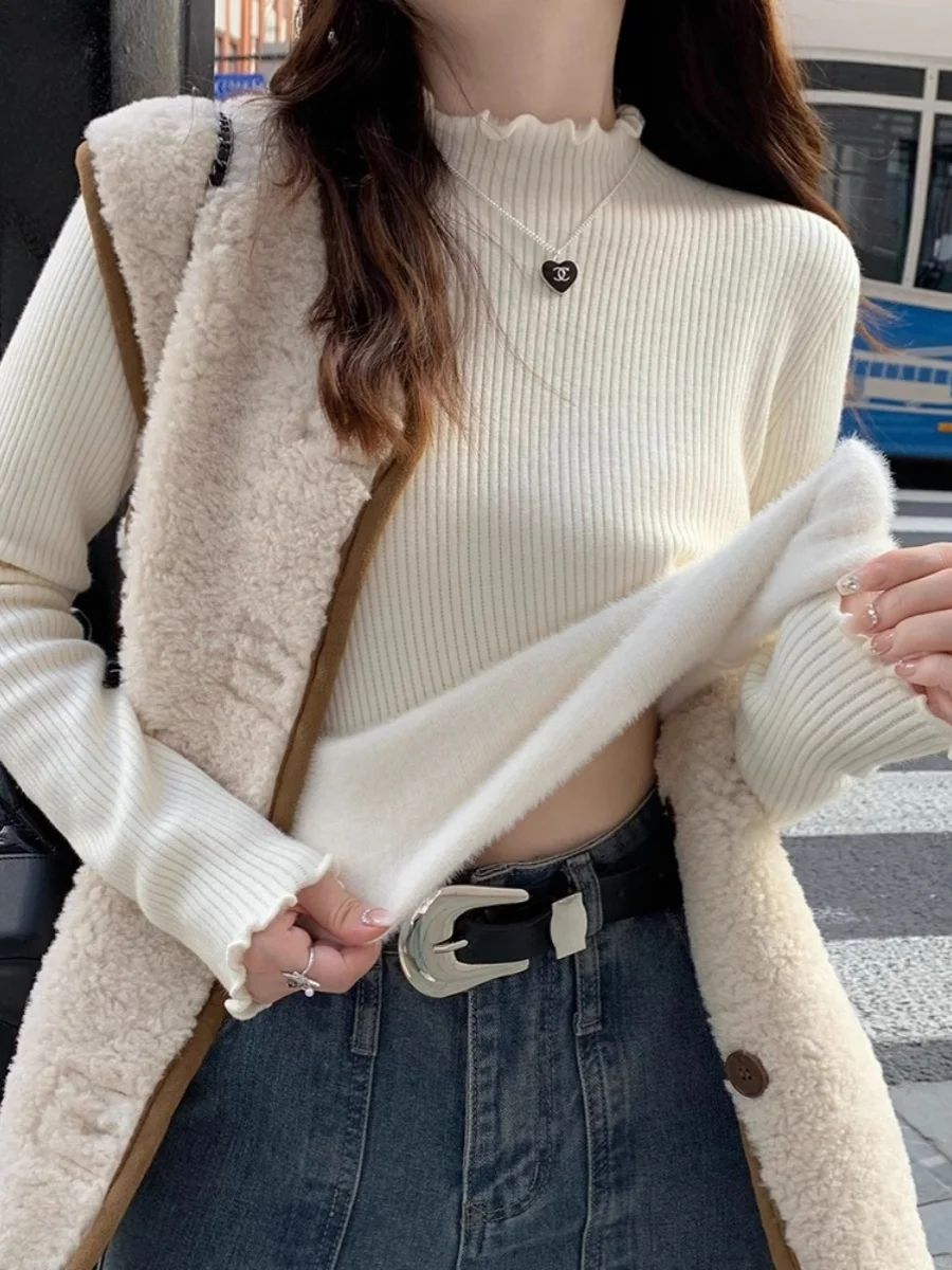 

Fleece Lined Half High Collar Women's Sweater New Arrival Summer Base Shirt Inner Wear Top Asymmetrical Princess Sleeve