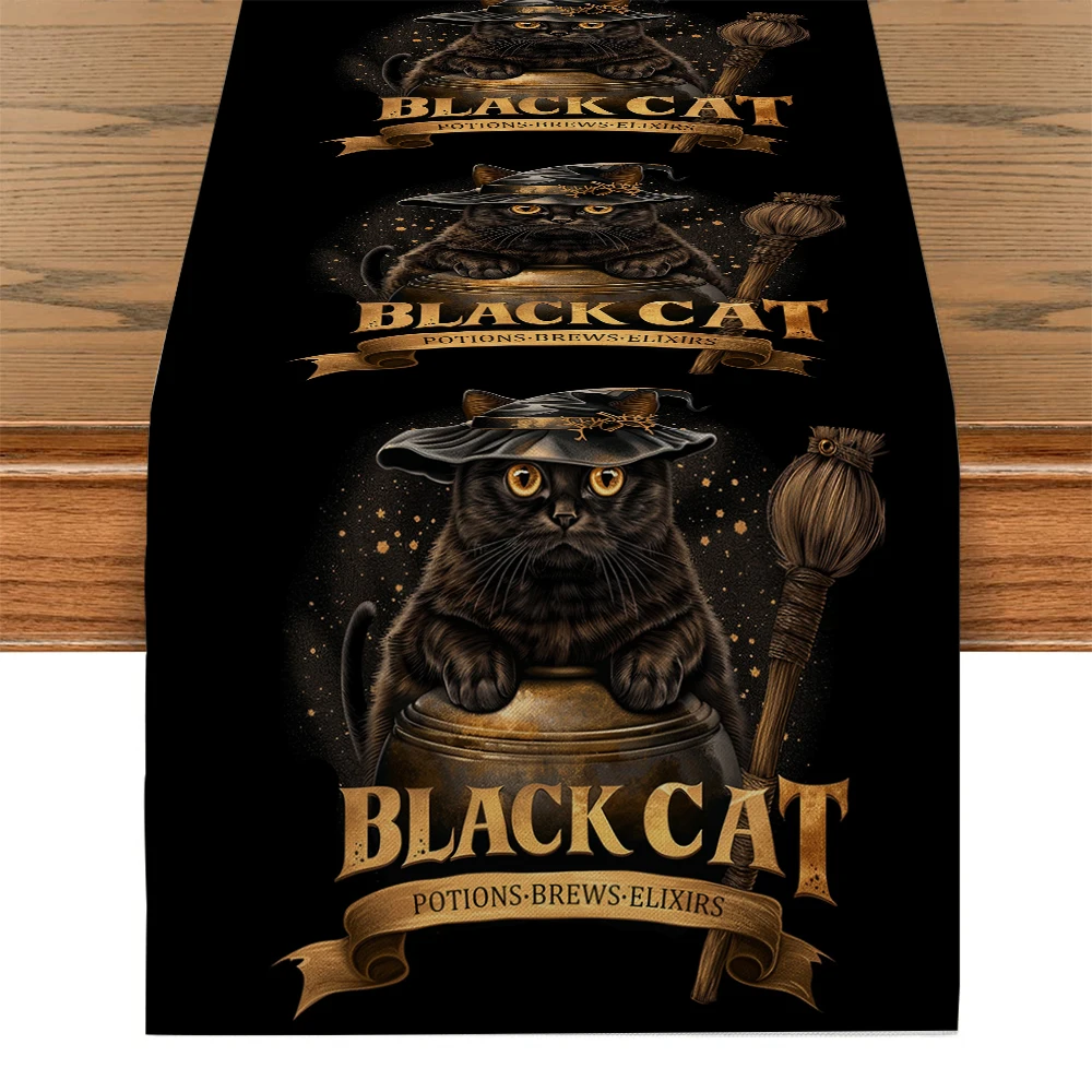 Halloween Black Cat Broom Jar Hat Table Runners Dresser Table Decor Farmhouse Dining Table Runner Holiday Party Decoration