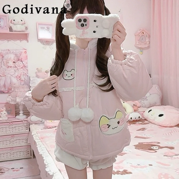 

Japanese Girls Sweet Kawaii Pink Parkas Winter New Women Loose Slim Cartoon Print Hooded Jacket Warm Thickened Y2K Short Coat