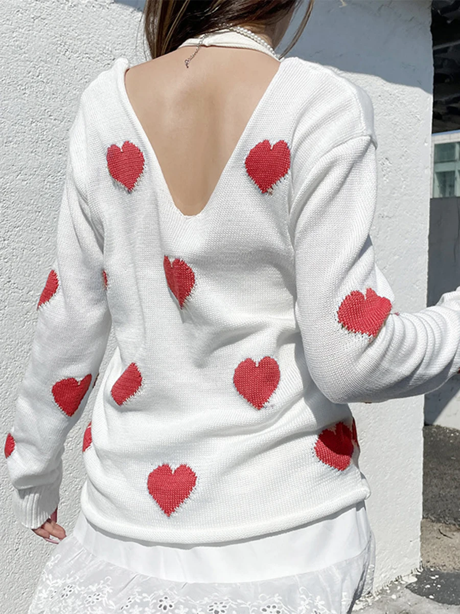 Women's Loose Knitted Sweaters Valentine's Day Sweet Heart Print Long Sleeve V Neck Pullover Tops Spring Fall Cozy Knitwear