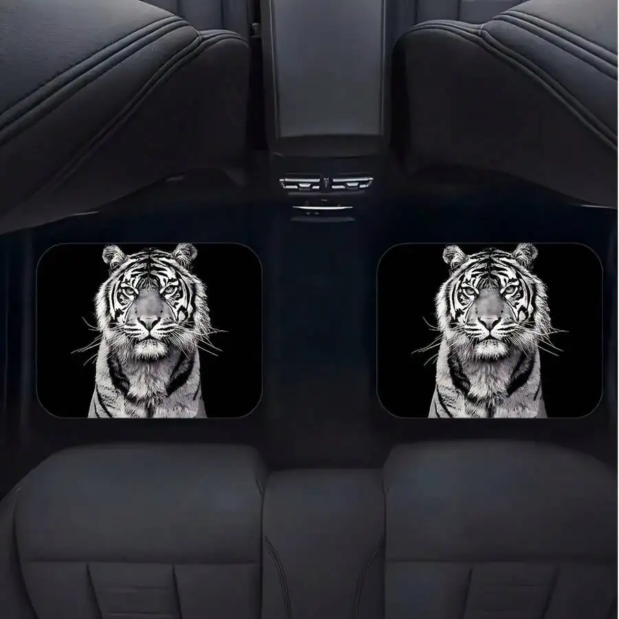 Four-Piece Set Of Tiger-Pattern Black Car Floor Mats, Unique Animal Pattern Design, Stylish Car Interior Accessory, Universally