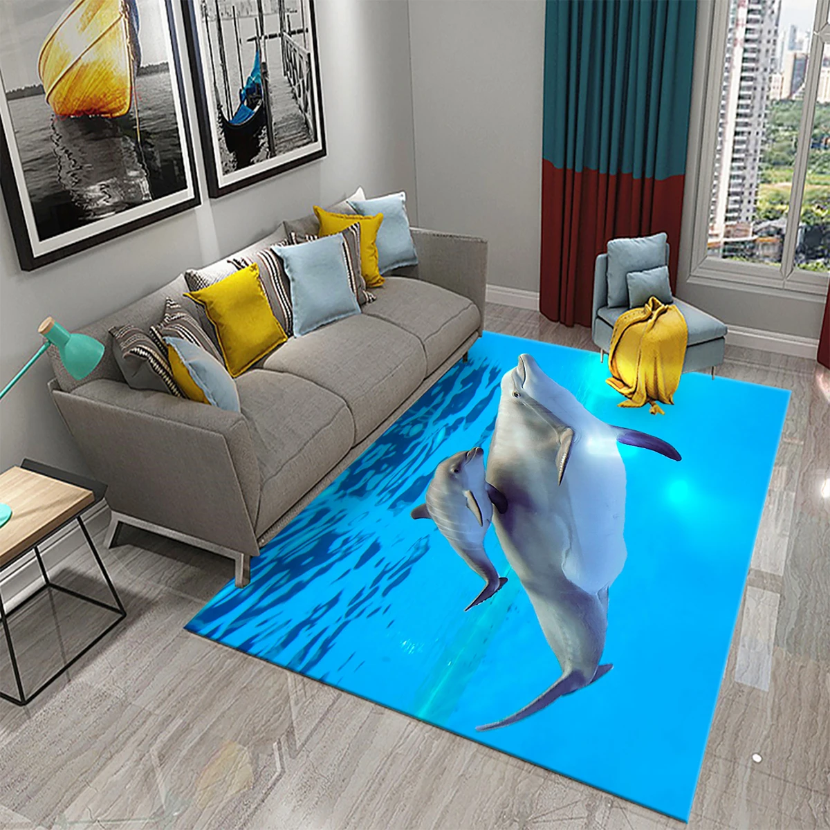 Blue Dolphin Carpet Ocean Cute Animal Theme Area Rug Non Slip Mat Absorbent Carpet Living Room Bedroom Bathroom Sofa Floor Mat