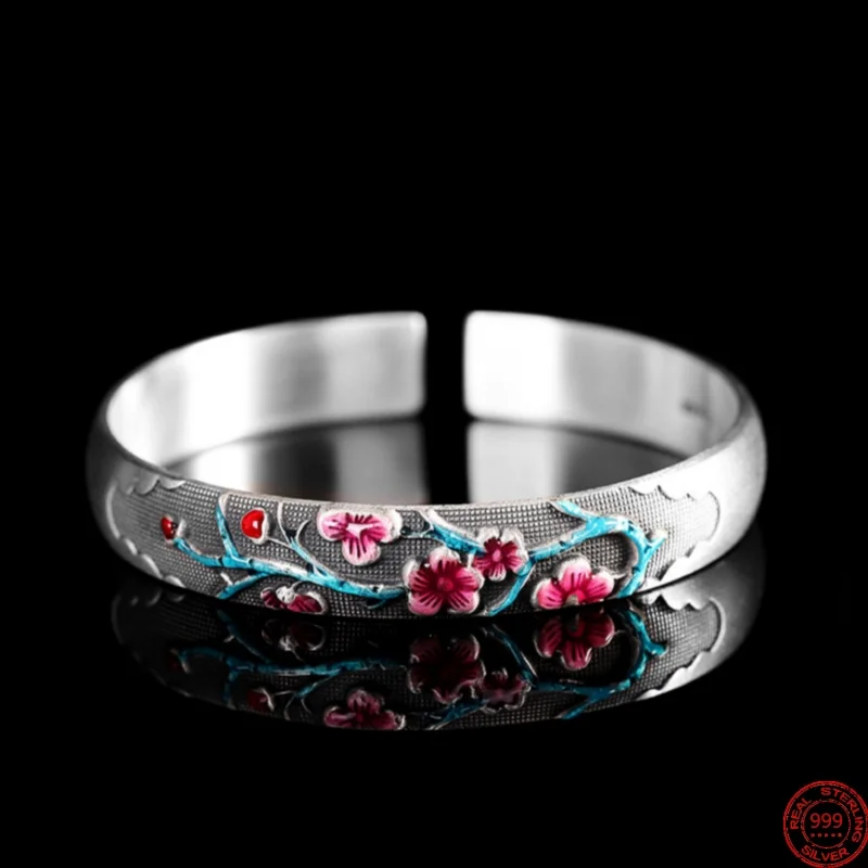 

S999 Sterling Silver Bracelets for Women New Women's Fashion Enamel lum Blossom Ethnic Style Wide Bangle Jewelry Wholesale