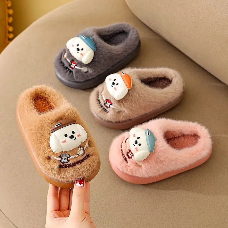 House Slippers Kids Winter Plush Lined Non Slip Indoor Shoes Cute Animal Design Comfy Home Footwear for Child 2026 New Arrival