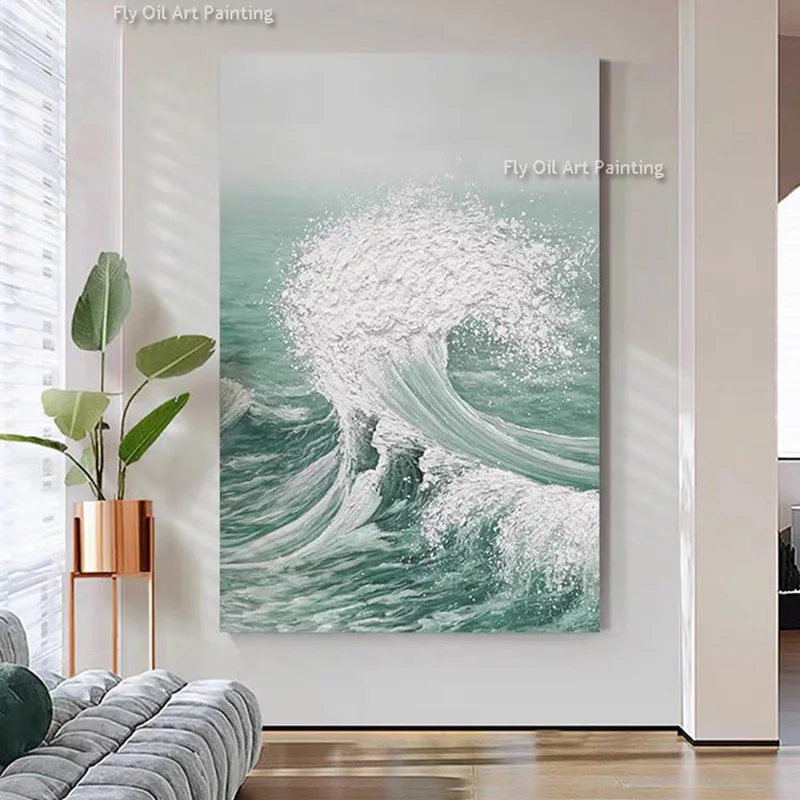 Light Green White Ocean Wave Scape Canvas Thick Artwork New Simplism Design Black White Seascape Oil Painting For Decor As Gift
