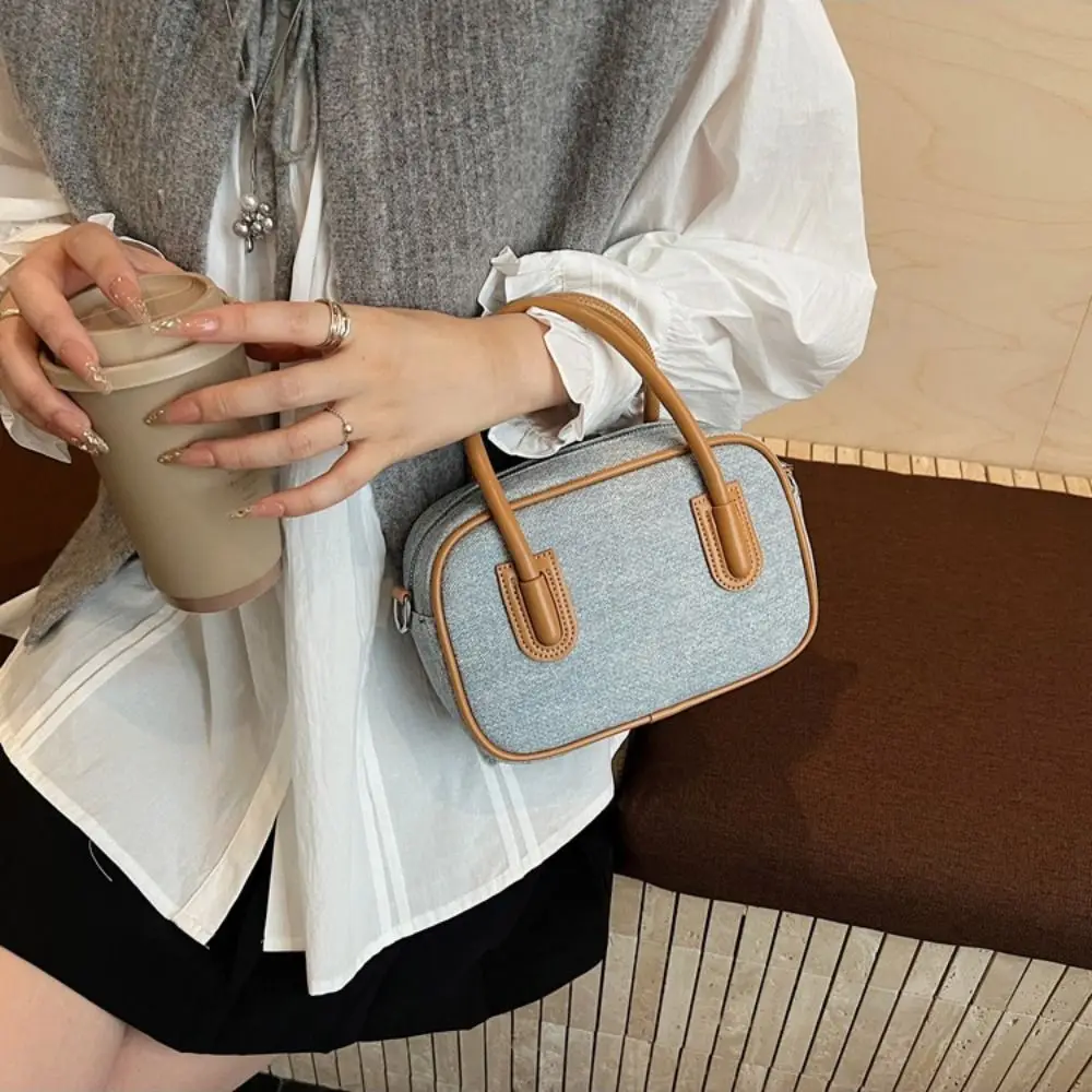 

High Quality Leather PU Bowling Bag Korean Style Solid Color Boston Tote Bag Handbag French Style Contrast Color Crossbody Bag