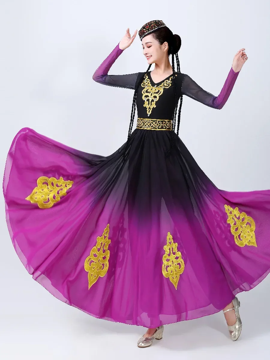 Tradycyjny chiński strój do tańca ludowego, orientalny styl etniczny, damski strój do tańca narodowego, kostiumy do tańca ujgurskiego z Xinjiang na scenę