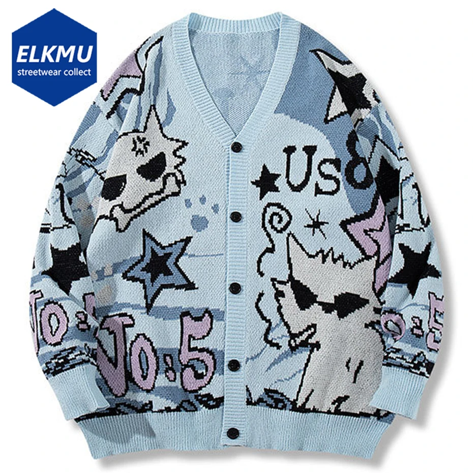 

Cartoon Graphic Men Sweaters Vintage Oversized Sweaters Knit Cardigan Streetwear Harajuku Hip Hop Y2K Sweaters Knitwear