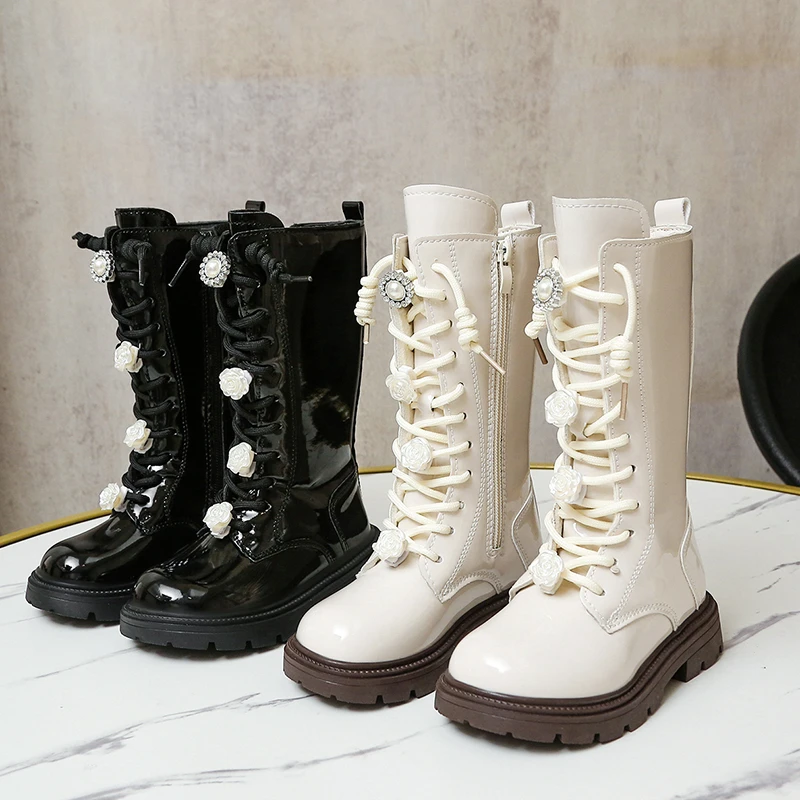 

Модные детские высокие сапоги для девочек, лакированные кожаные рыцарские сапоги принцессы, осенне-зимняя универсальная обувь с цветочным узором для девочек, ботинки