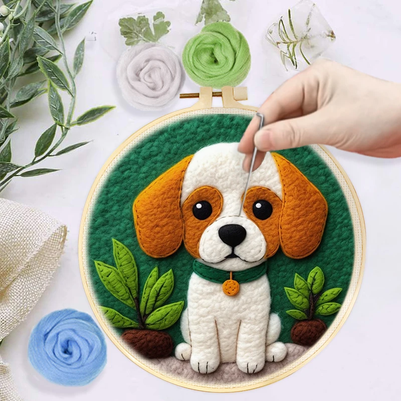 CHENISTORY DIY Wool Felt Painting Dog Kit Includes Hoop, Needles, Felt Cloth and Instruction Manual For Beginners and Home Decor