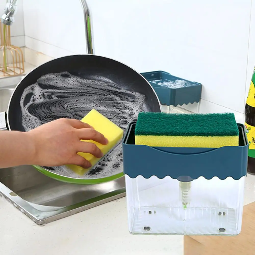 soap box+1 scouring pad Soap Dishwashing Detergent Press Dispenser Sponge Cleaning Pad Container dish brush for Kitchen Cleaning