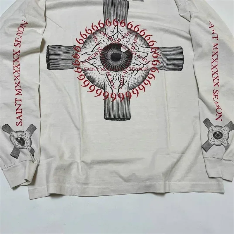 24ss Oversized SAINT MICHAEL Pullovers Cross Print Washed White Oversized Long Sleeved T-Shirts