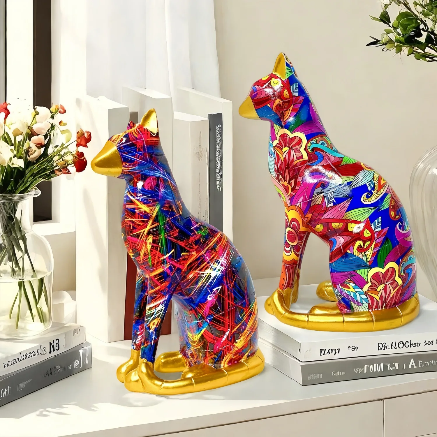

Красочная расписная статуэтка сидящей кошки в стиле граффити, фигурка, украшение для стола, декор для дома, скульптура животного, поделки