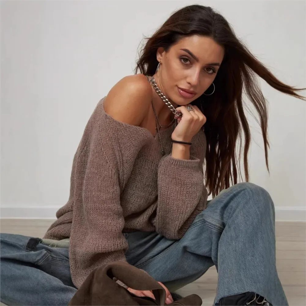 2026 Knitted Pullover Pulls Femmes All-match Loose Simple Style Sweater Comfortable Sexy Hot Girl Style Solid Color Perspective