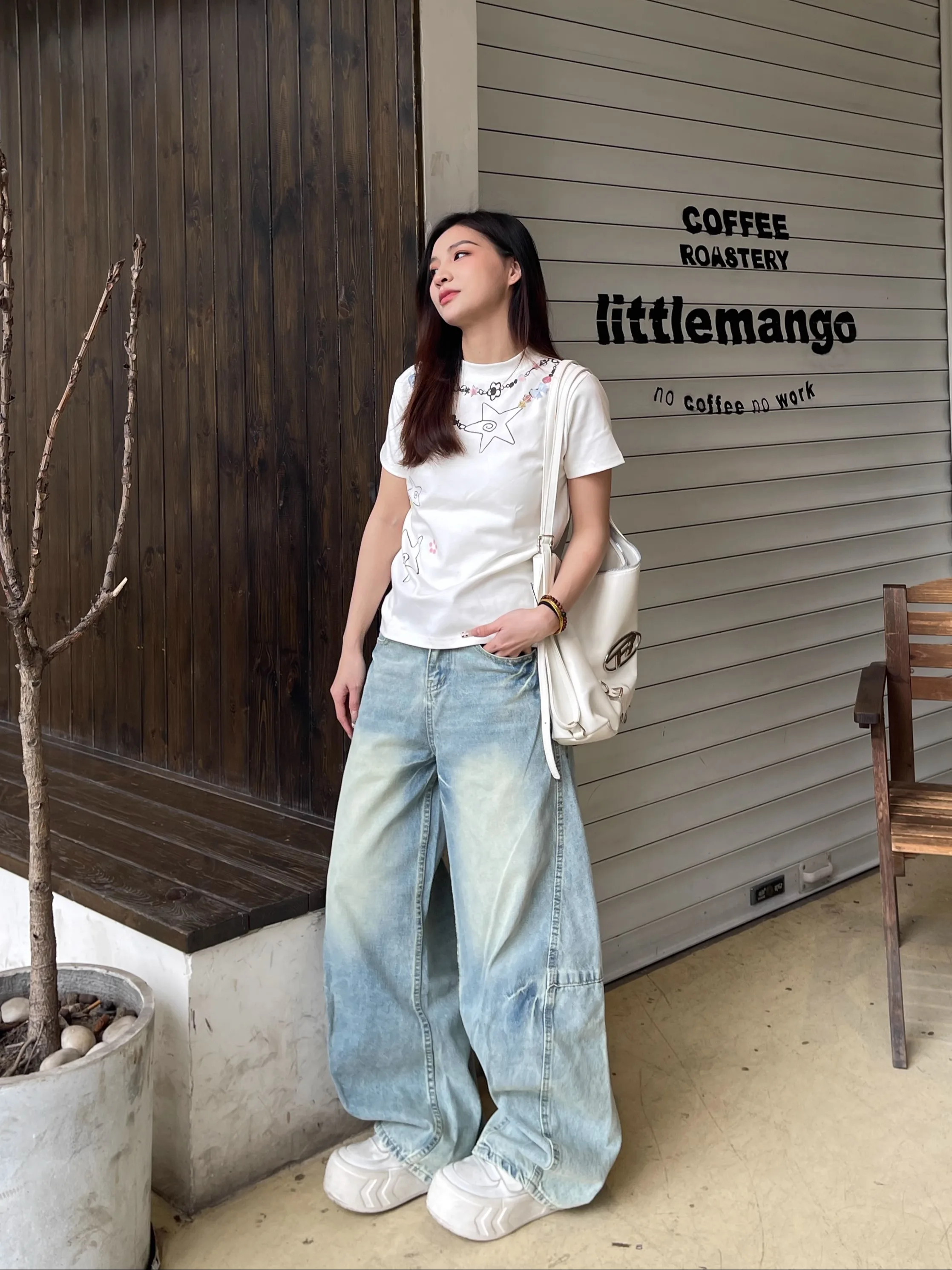 

Loose Wide Leg Straight Jeans Women's Washed Casual Light Blue Floor-Length Comfortable Cotton Stretch Denim Pants