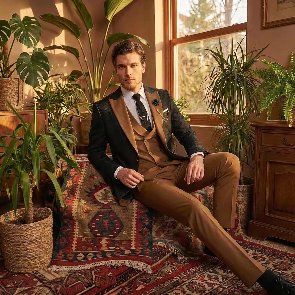 Brown 2026 Mens Suits Splicing Peak Lapel Wedding Prom Tuxedos 3 Piece Tweed for Autumn Slim Fit Blazer+Vest+Pant