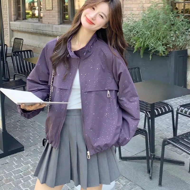 Women's Purple Stand Collar Jacket 2025 Autumn New Arrival Korean Style Harajuku Casual Outerwear with Star Embellishment