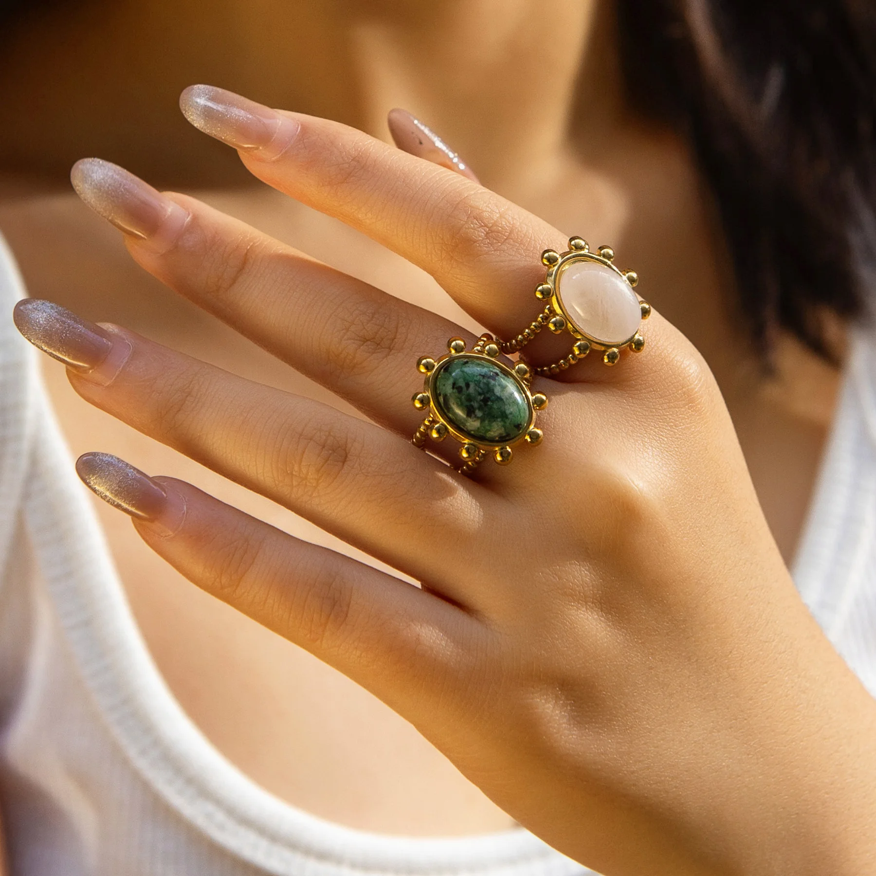 Letdiffery Golden Color Vintage Rings for Women Stainless Steel Colorful Natural Stones Irregular Adjustable Open Ring Jewelry