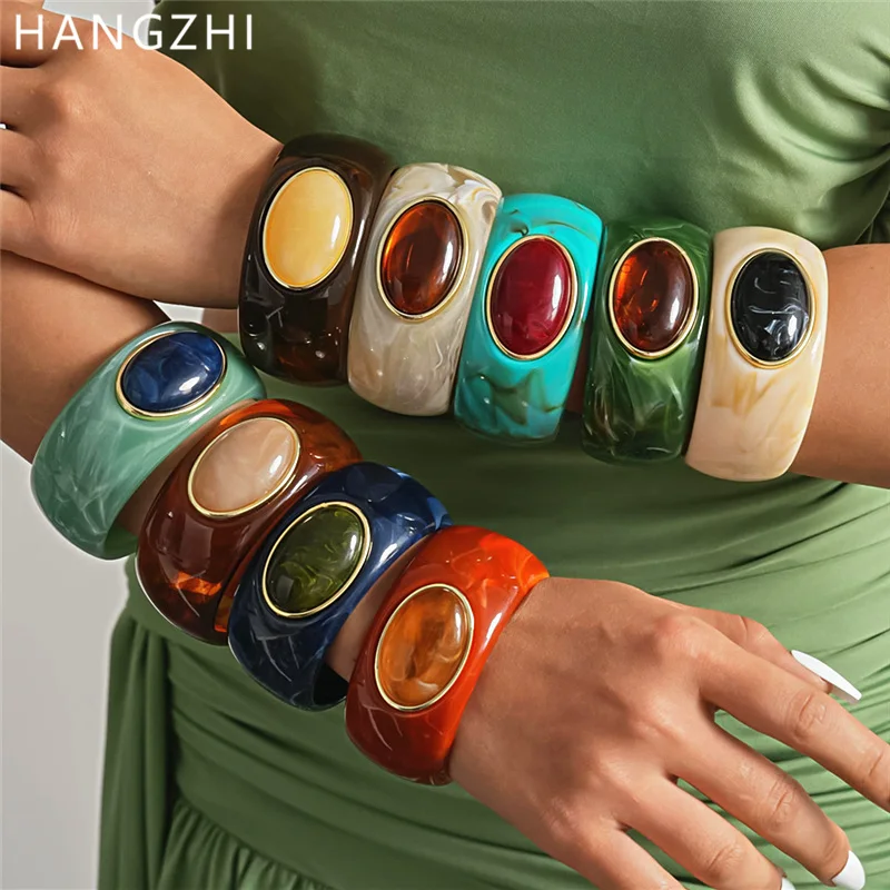 HUANZHI Vintage Acryl Oval Gefärbtes Armband Geometrischer Übertriebener Minimalistischer Breiter Manschettenarmreif Schmuck für Frauen Neu