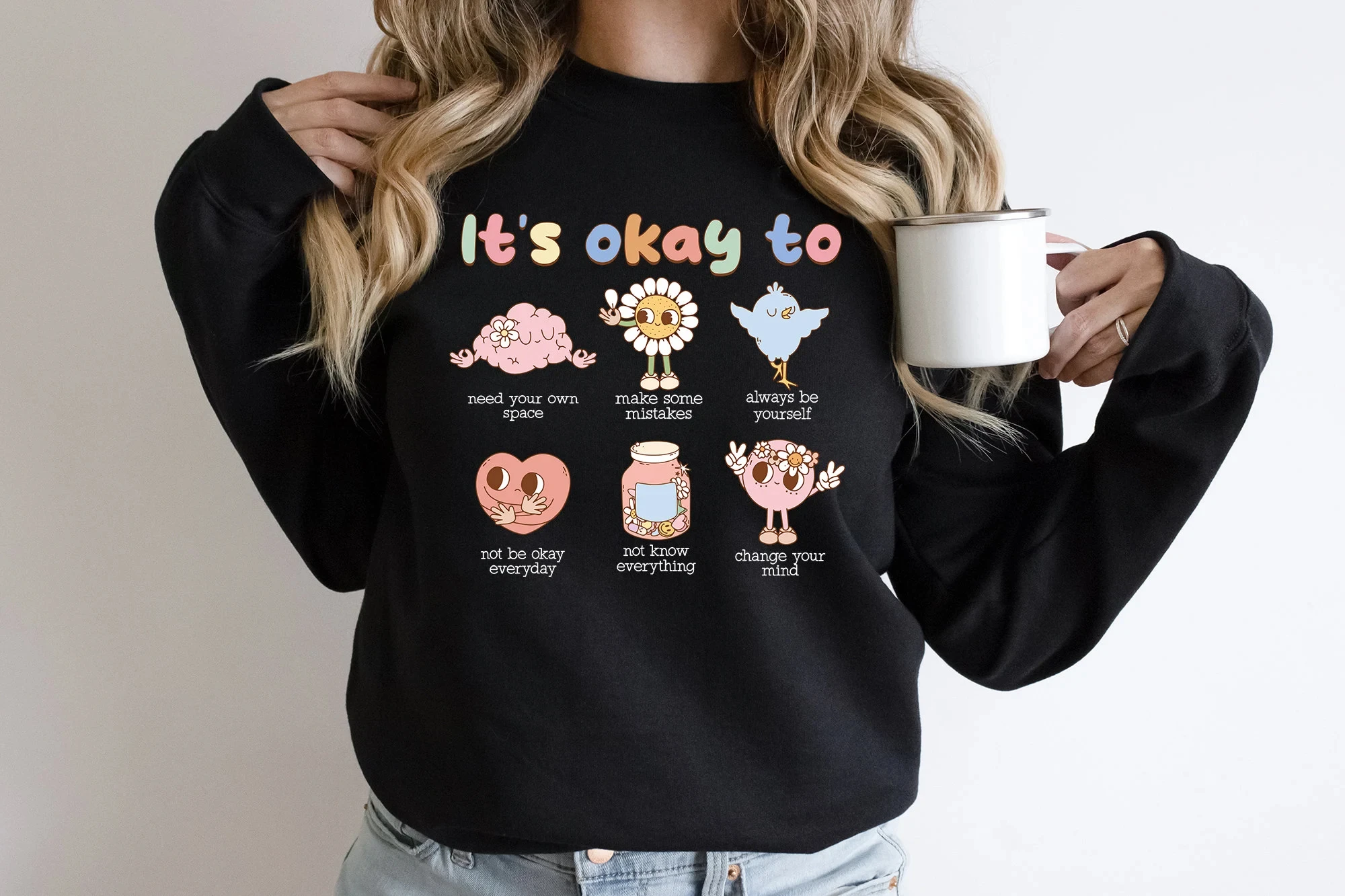 Cute Cartoon Small Men Print Female Sweatshirt It Is Okay To Slogan Women Clothes New Hot Sale Stylish Festive Casual Girl Tops