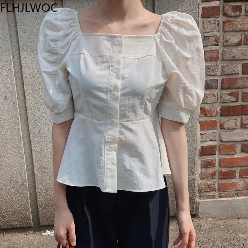 

2023 Summer Cute Sweet Square Neck Tops Blusas Fashion Women Solid Colors Chic Korea Design Single Breasted Button White Shirts
