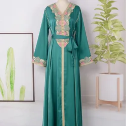 Dubai Abayas Women Long Dress Temperament Long Sleeve A-line Dress Muslim Autumn Winter Arabian with Belt Robe De Soiree Luxe