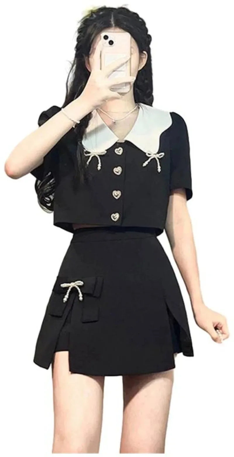 Academy Korean Doll Neck Top Skirt Two-piece Set Women Bow Heart Button Sweet Detachable Bow Slim Spicy Spring Fashion Lady Suit