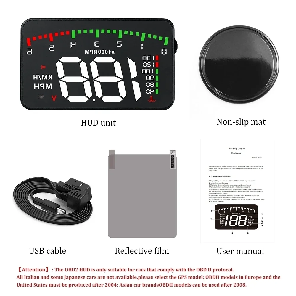 A900 HUD الزجاج الأمامي العارض عداد سرعة السيارة الرقمي LED Obd2 سيارة رئيس متابعة عرض درجة حرارة الماء الجهد السرعة الزائدة إنذار مخصص