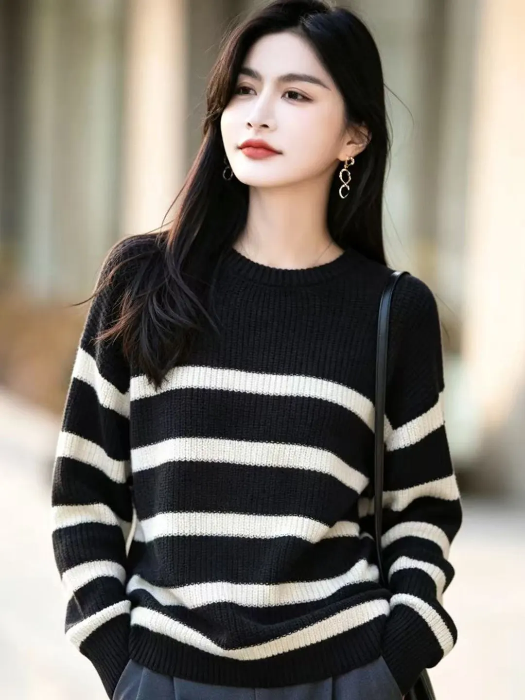 Thickened 100% Cotton Lazy Style Striped round Neck Women's Knitted Sweater Loose Fit Super Warm Inner Wear Autumn Winter Ver...