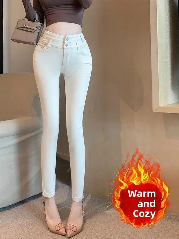 

High Waist Fce Lined Crop Jeans Women's Autumn Winter High Elastici Slim Fit Korean Sle Warm Cotton Denim Button Closure