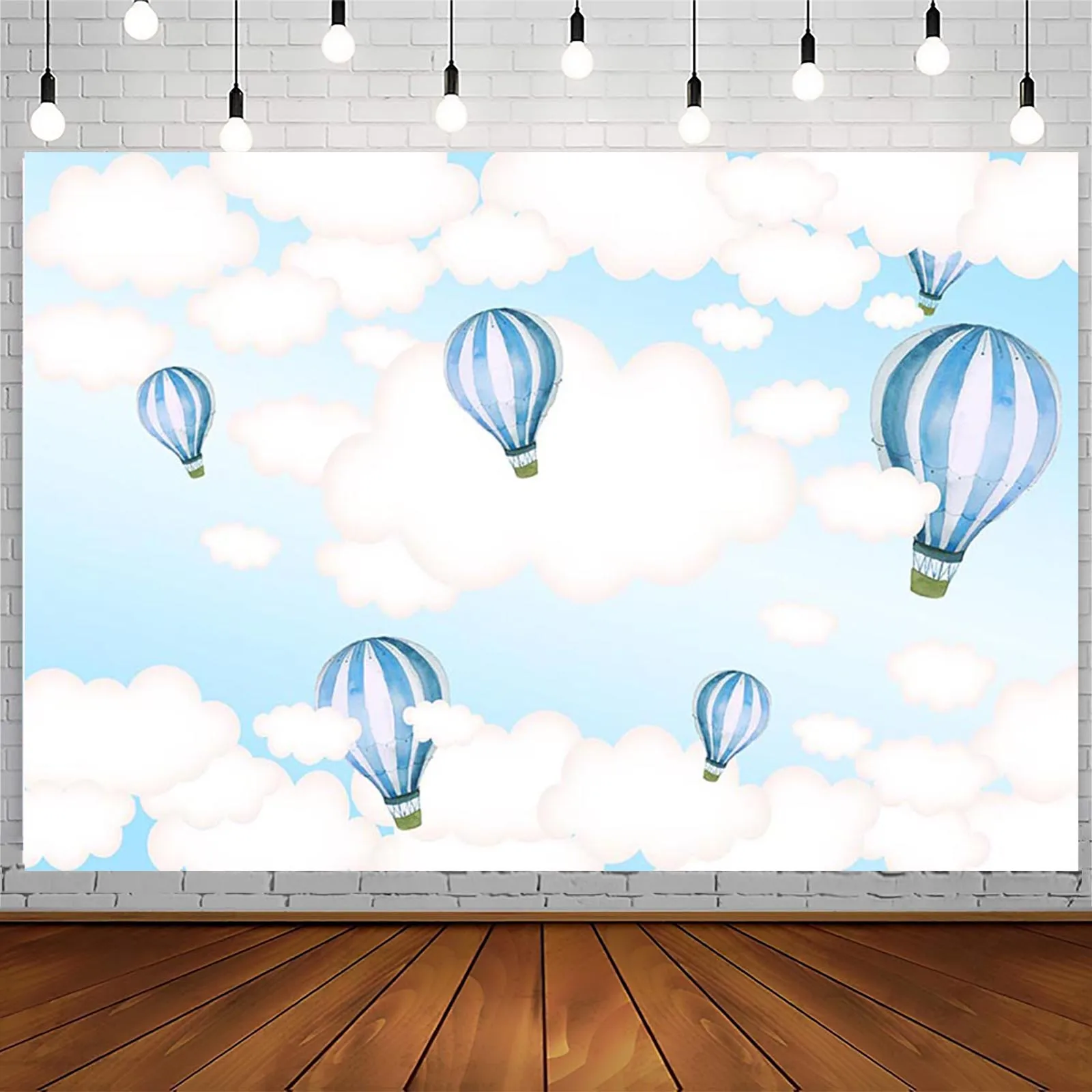 Hot Air Balloon Photography Background Blue Sky White Clouds Luggage Adventure Birthday Party Decor Backdrop Kids Cake Portrait