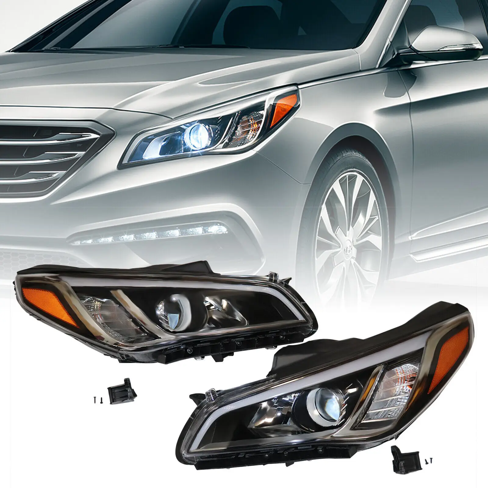 Pair Halogen Headlights Headlamps Left + Right for Hyundai Sonata 2015 2016 2017 1.6L 2.0L 2.4L 92101C2000 92102C2000