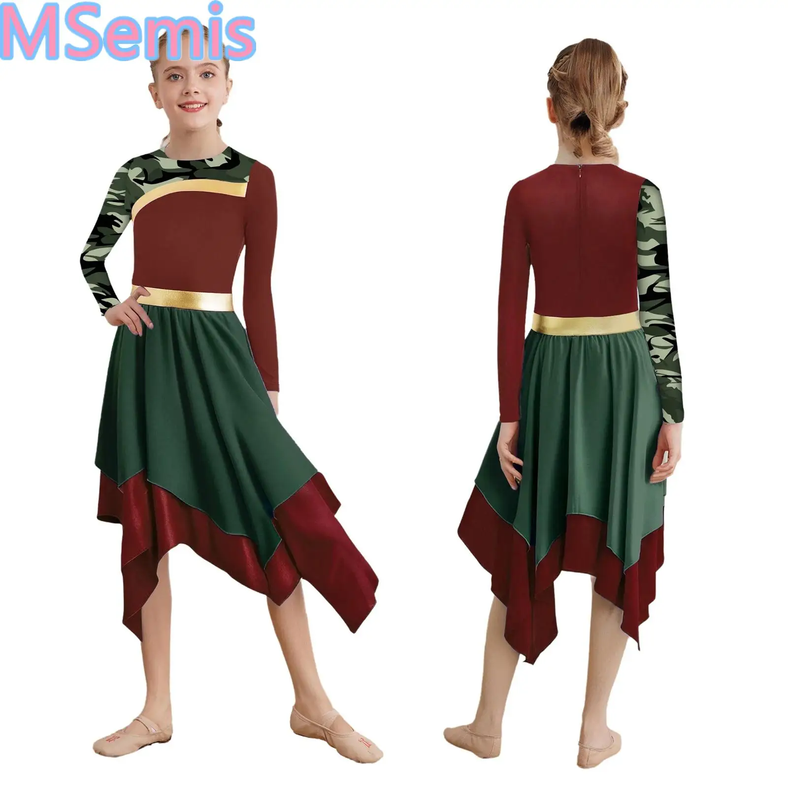 

Kids Girls Irregular Hem Worship Dress Contemporary Praise Dance Dress Long Sleeve Stylish Printed Patchwork Color Block Dress