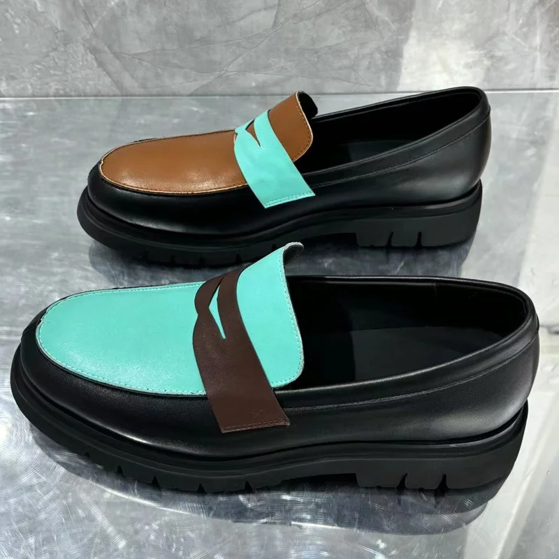 Color Collision Design Loafers Men Genuine Leather Shoes Platform Loafer Dress Shoes Slip Ons Casual Shoes