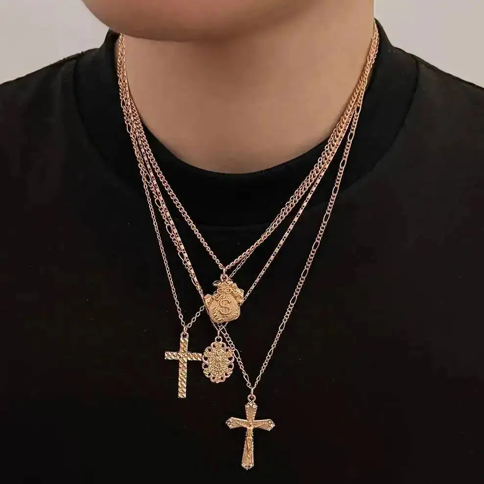 SHIXIN 4 Pcs/Set Hip Hop Punk Jesus Cross Pendant Necklace for Men Trendy Gold Color Adjustable Clavicle Chain Rock Jewelry Gift