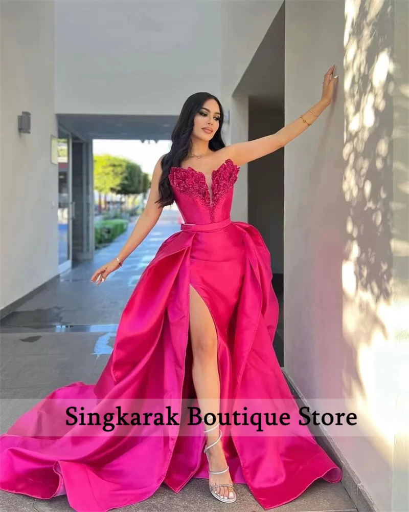 New Design Hot Pink Evening Dresses With Detachable Train 2024 Side Split Beaded Crystal Wedding Party Gowns   Customized