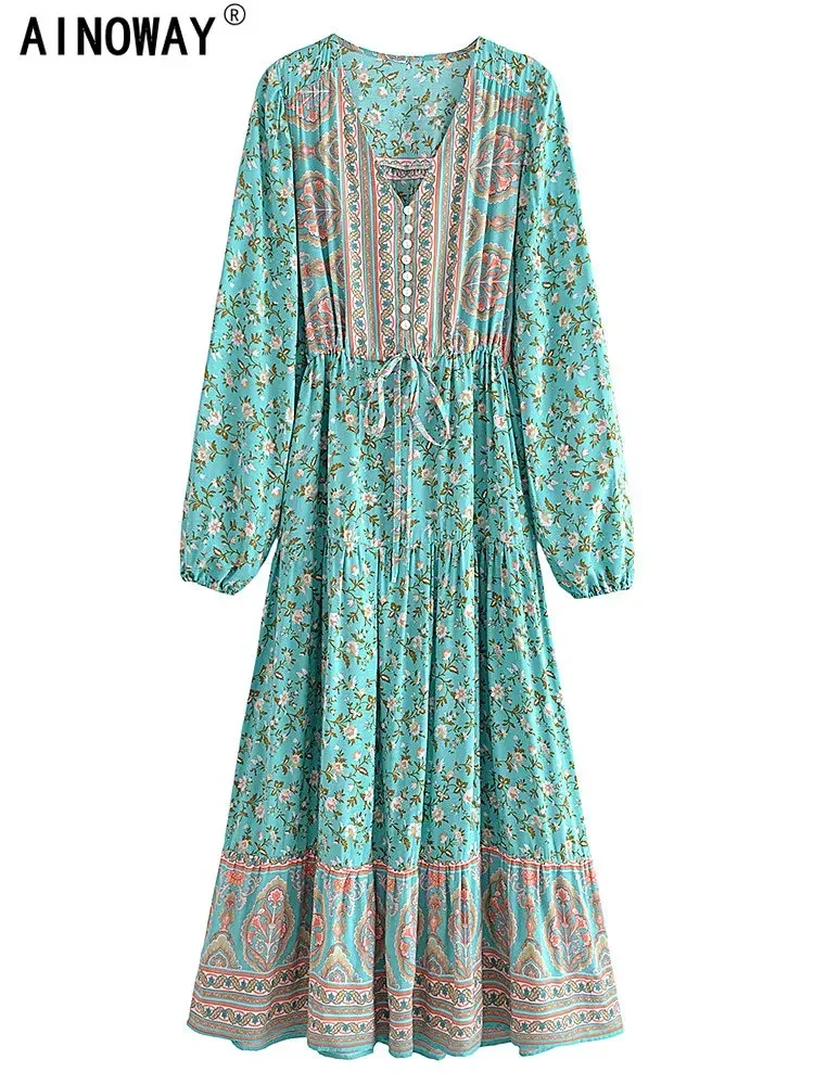 Vintage Chic Lantern Sleeve Bohemian Maxi Dresses for Women Loose V-Neck Green Floral Print Ladies Rayon Summer Boho Dress Robe