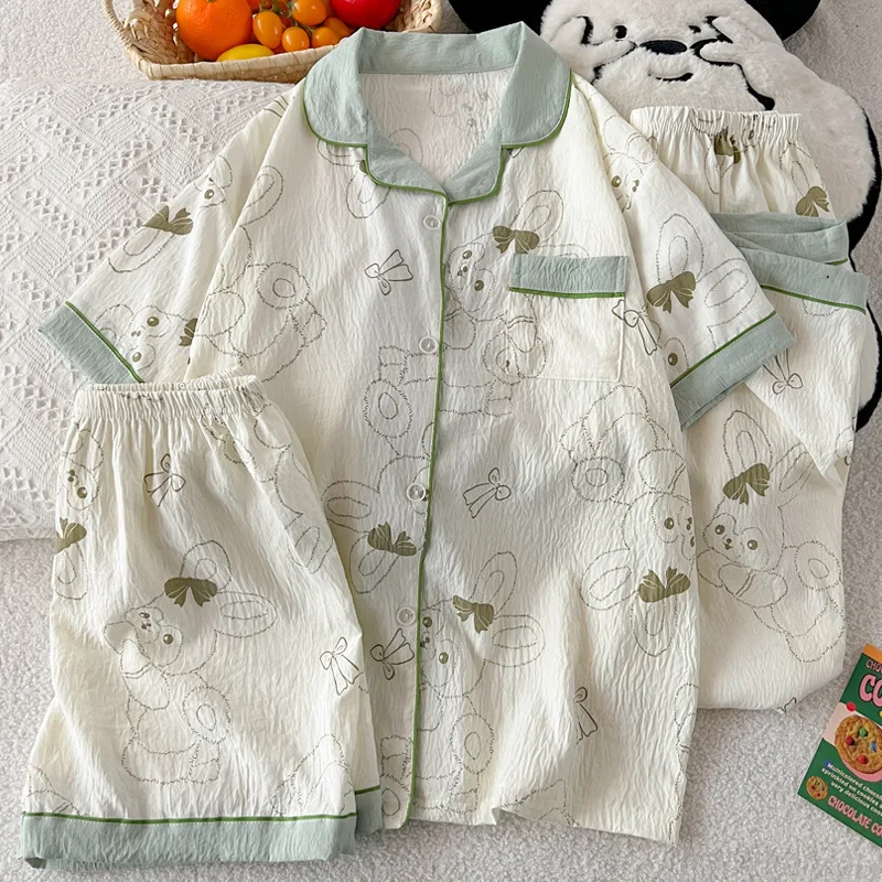 

Cute Cartoon Bunny Cloud Cotton Pajama Set Women Sweet Short Sleeve 3 Piece