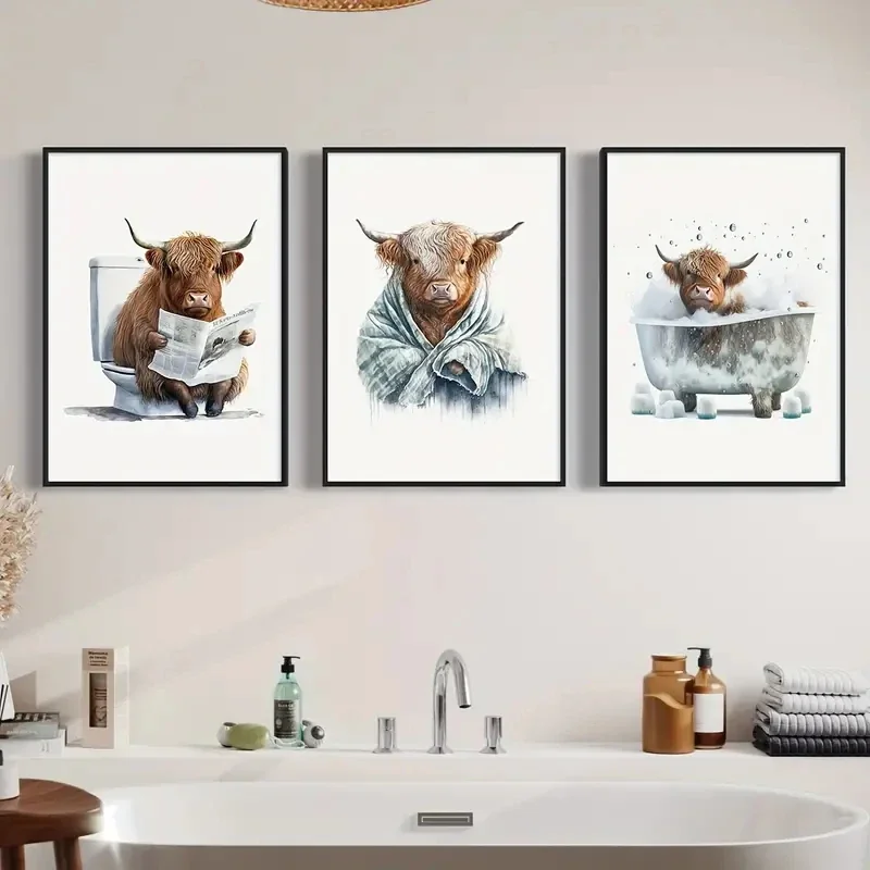 Large-sized frameless 3pcs  /Set Interesting Highland Cow Bath Wall Decoration Scotland Printed Picture Canvas Posters Modern