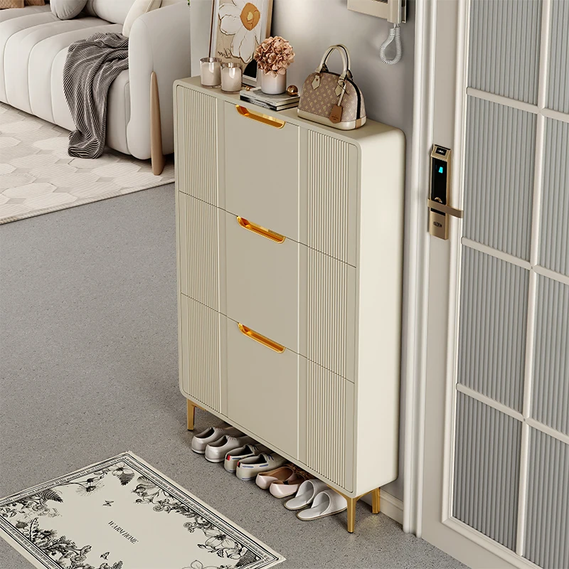 

Cream wind ultra-thin tipping bucket shoe cabinet household door 2025 new popular home storage cabinet integrated against the wa