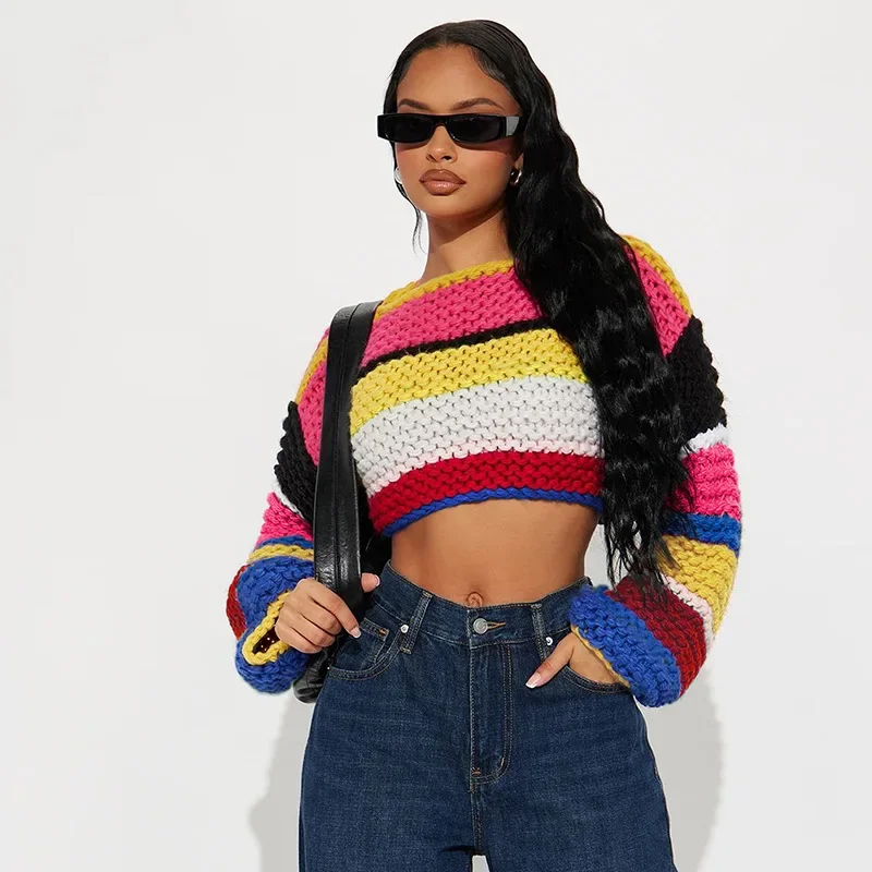 2024 Autumn Colorful Striped Knitted Patchwork Contrast Colors Sweater Women O Neck Long Sleeve Loose Casual Streetwear Crop Top