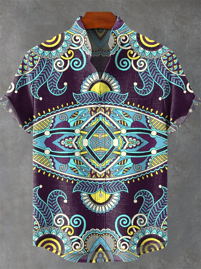 

Мужская льняная рубашка с коротким рукавом, этническая ветровая удобная повседневная полосатая рубашка с 3D цветочным принтом и пуговицами, модный топ