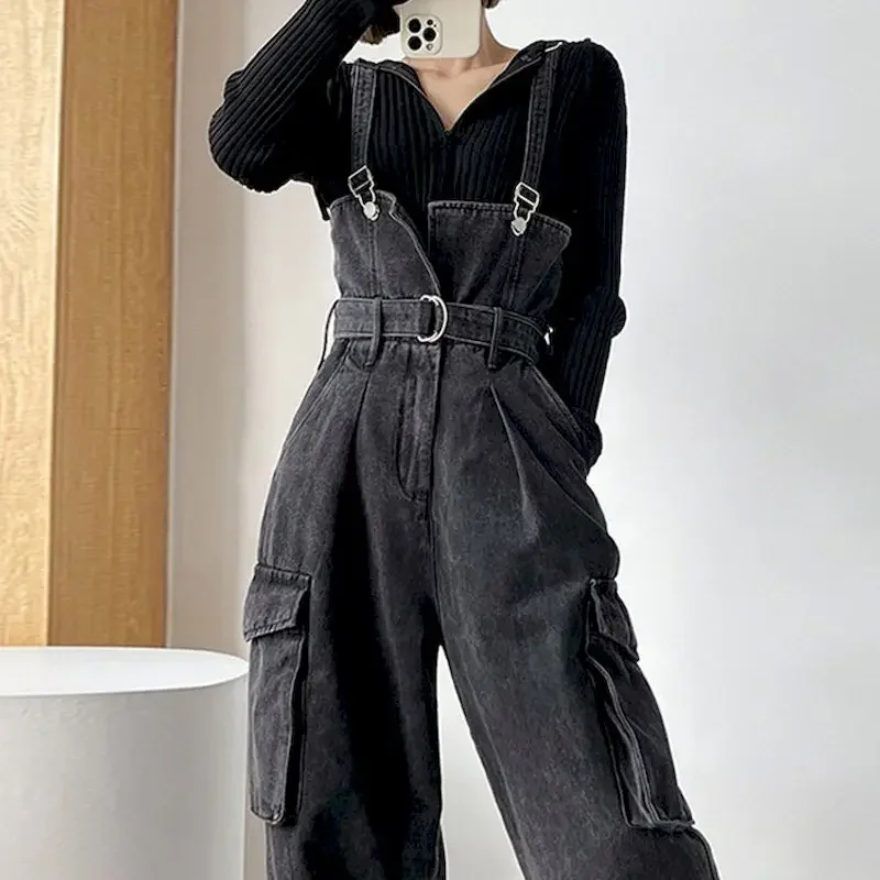 

Black Denim Jumpsuits for Women Korean Style Vintage Playsuit Wide leg pants Loose Trousers Oversized Overalls for Women Clothes